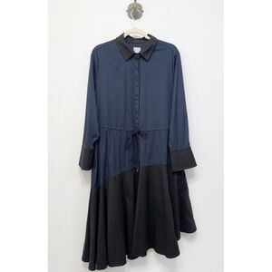 Chico's Size 2.5 (14)Navy Blue Black Colorblock Shirt Dress Drawstring Waist‎